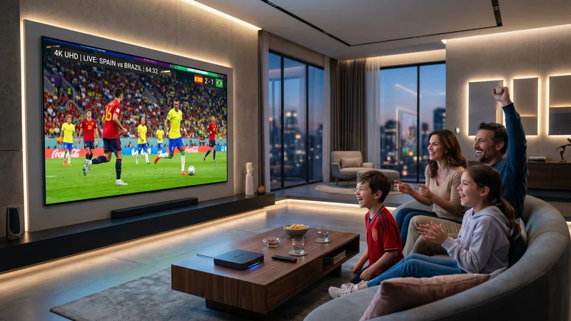 Familie in 2026 geniet van een 4K IPTV abonnement in de woonkamer