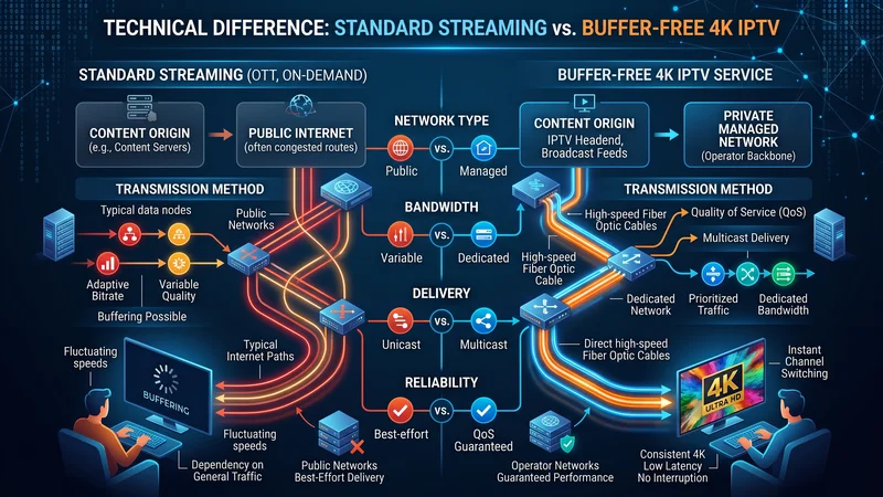 Infographic over IPTV abonnement 4k streaming kwaliteit en server infrastructuur