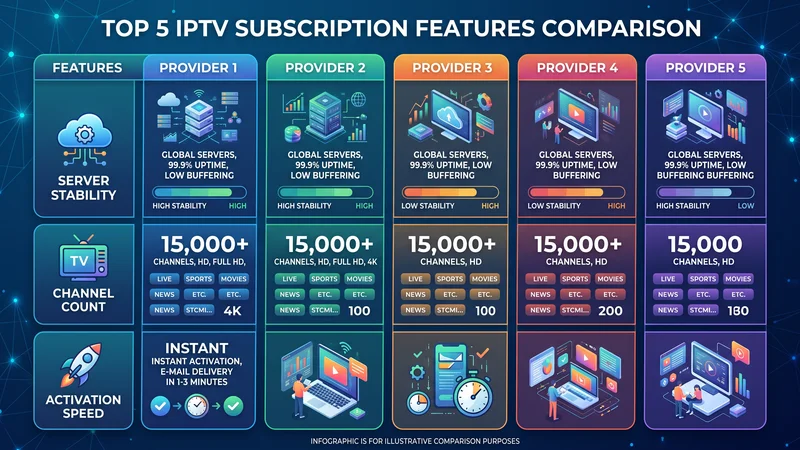Vergelijkingstabel van de top 5 features van het Beste IPTV abonnement