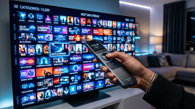 Geavanceerde interface van ons IPTV abonnement op een smart tv 2026