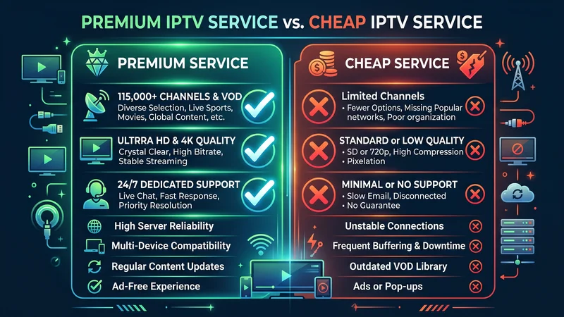 Infographic vergelijking premium IPTV abonnement vs goedkoop alternatief